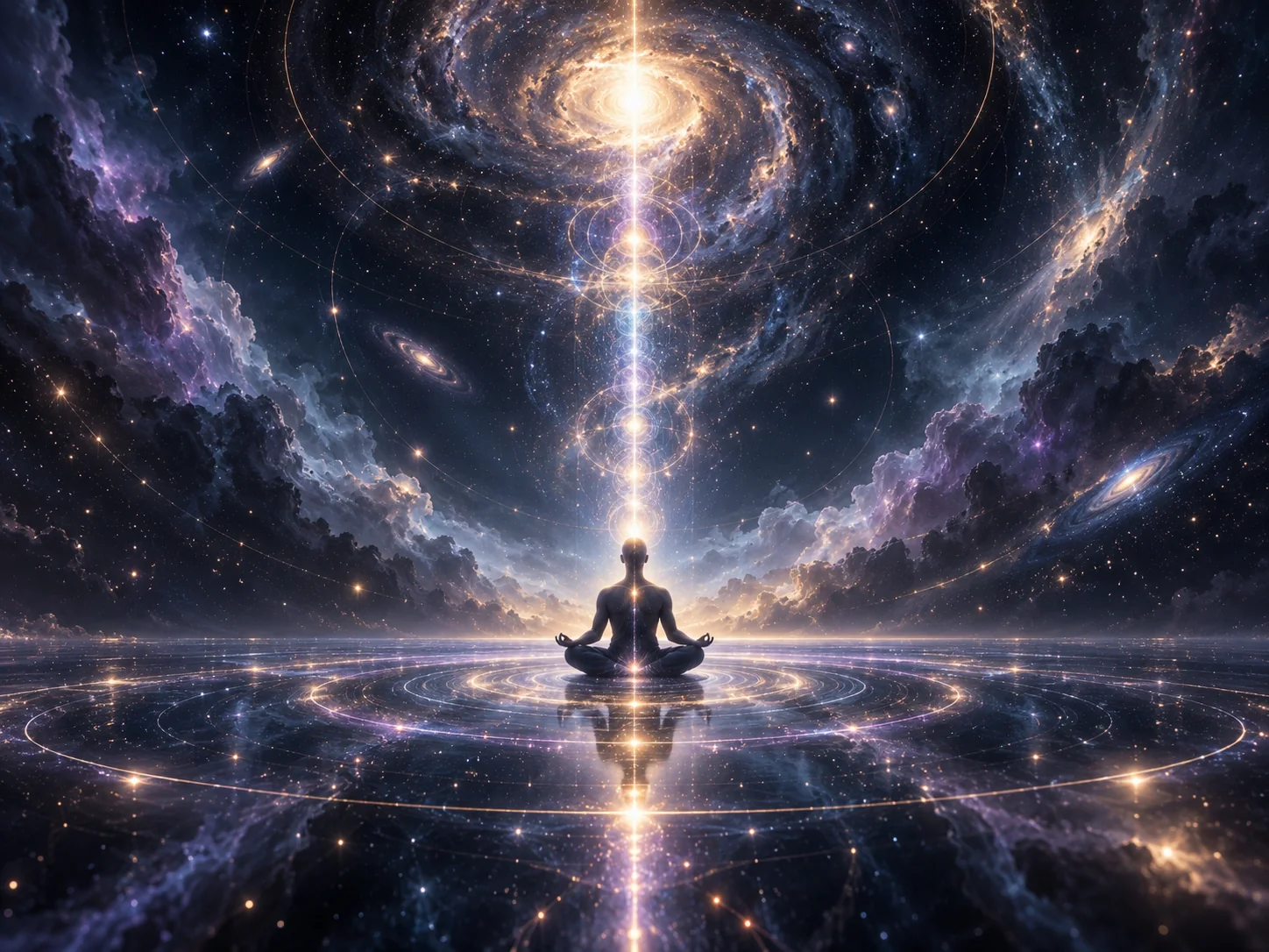 Meditative figure beneath a luminous cosmic field