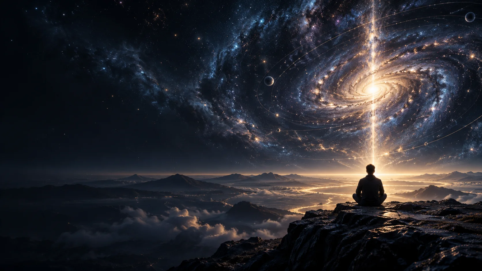 Contemplative figure beneath a vast sky